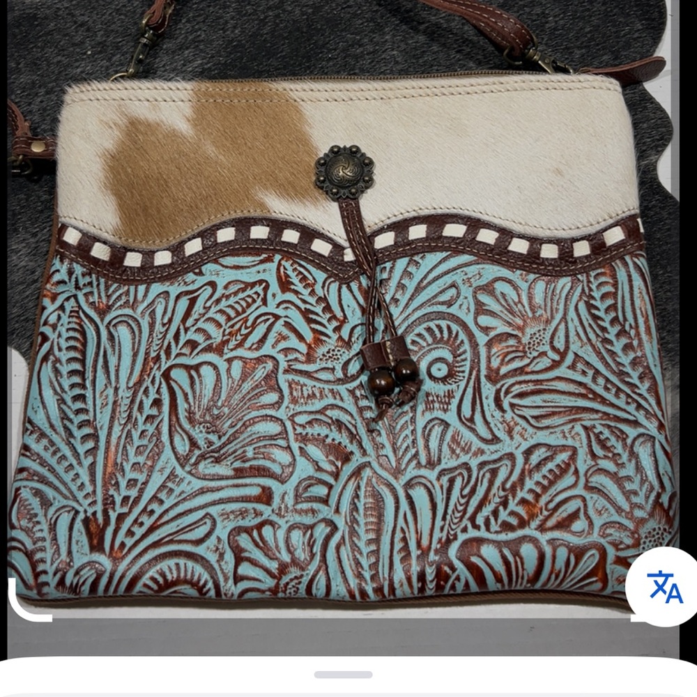 NWT Myra BlueIsle Med-Sm Western Boho Crossbody Cowhide Embossed Leather Handbag